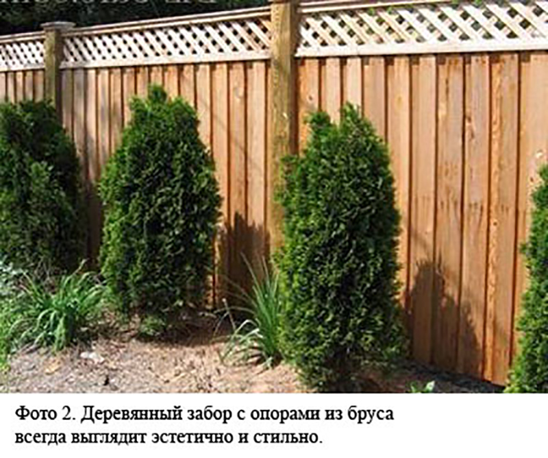 Деревянный забор с опорами из бруса всегда выглядит эстетично и стильно.